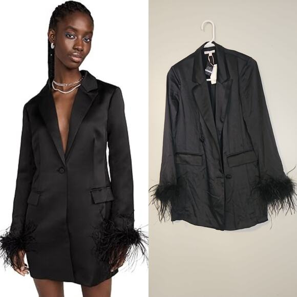GB Dresses & Skirts - Glamorous Feather Cuff Satin Blazer Dress for Women – Heavy Satin, Fully Lined